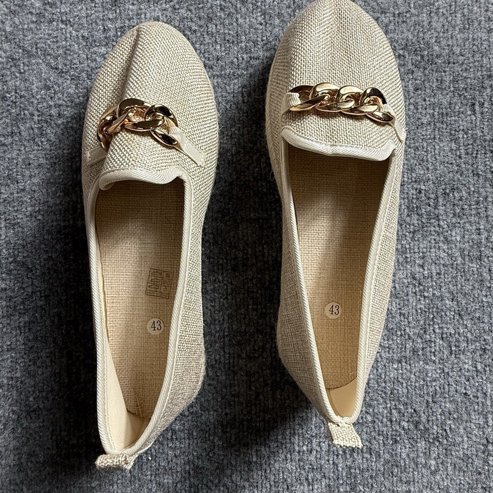 Women's Beige Woven Linen Pointed Loafers Gold Chain Mule Flat Shoes Size 12